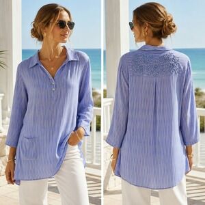 Amaya Silk Tunic Top M 40 Blue Ikat Embroidered Boho Resort Coastal Blouse